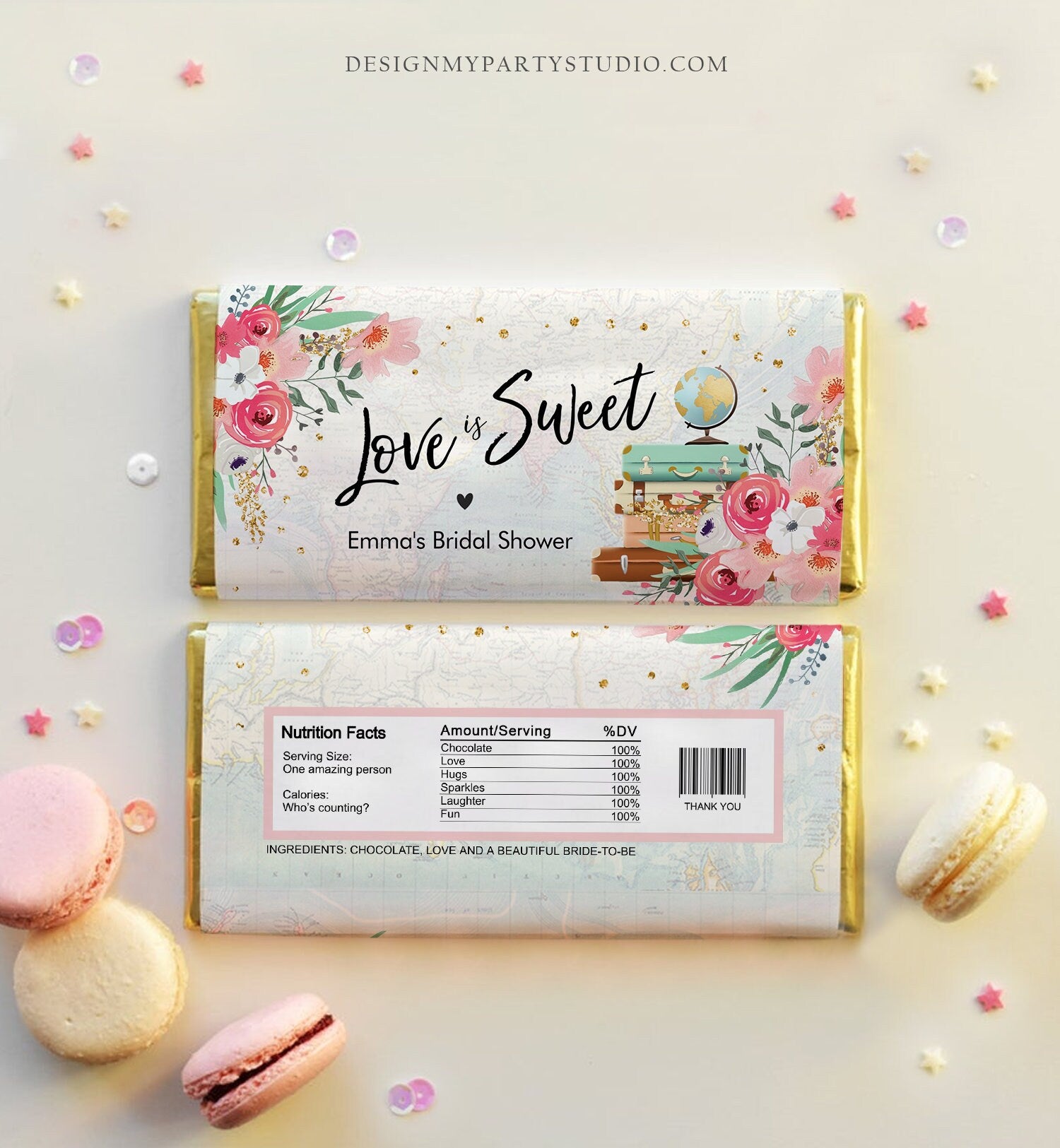 Editable Bridal Shower Chocolate Bar Wrapper Love is Sweet Traveling Travel Adventure Pink Floral Download Corjl Template Printable 0030