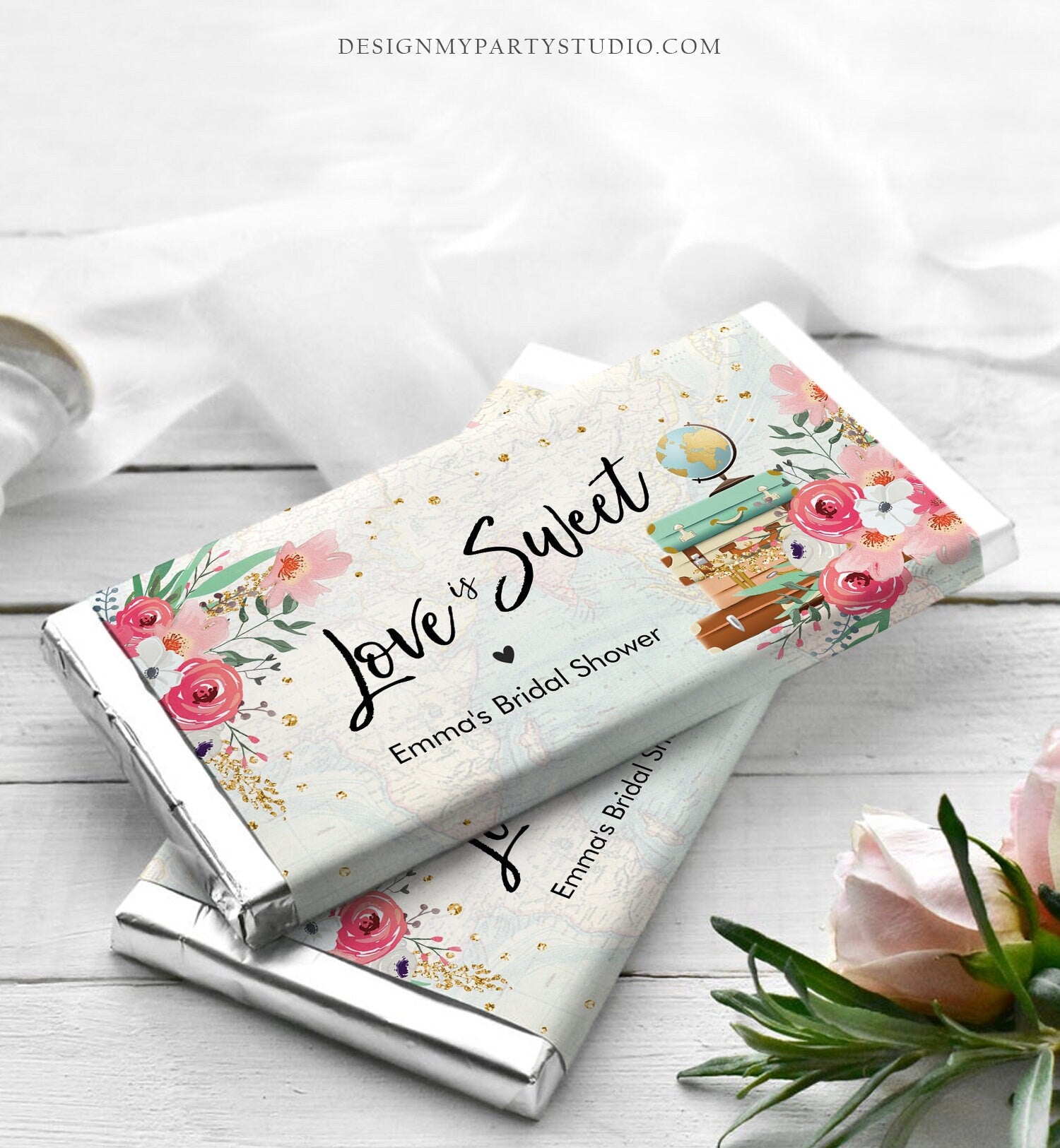 Editable Bridal Shower Chocolate Bar Wrapper Love is Sweet Traveling Travel Adventure Pink Floral Digital Download Template Printable 0030