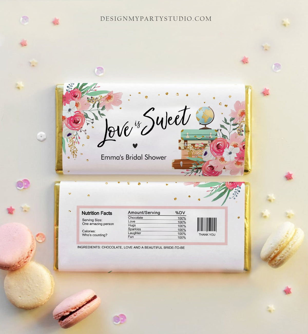 Editable Bridal Shower Chocolate Bar Wrapper Love is Sweet Traveling to Mrs Travel Adventure Pink Digital Download Template Printable 0030