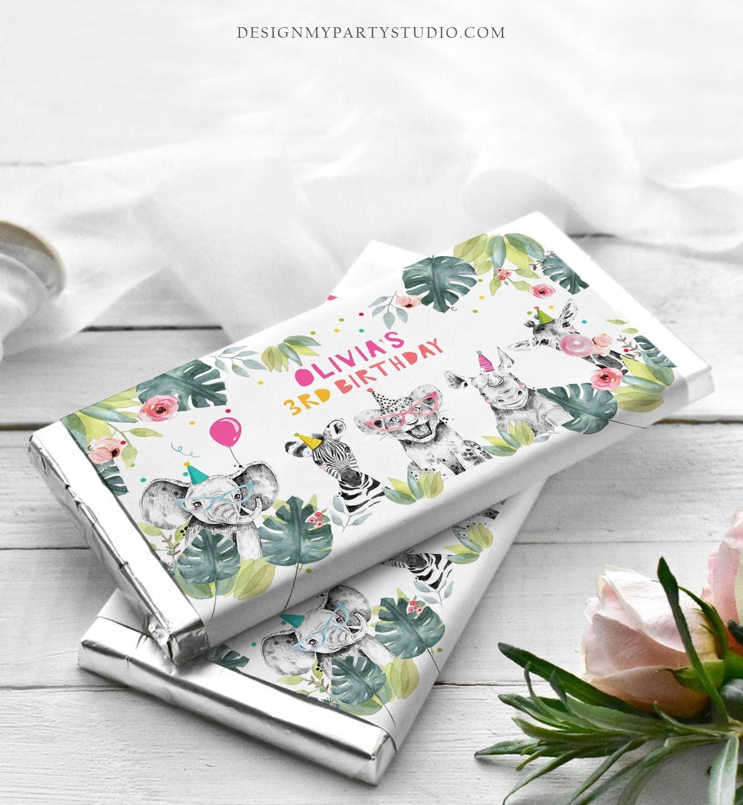 Editable Candy Bar Wrapper Party Animals Birthday Chocolate Bar Wrapper Safari Birthday Favors Jungle Girl Digital Template Printable 0322