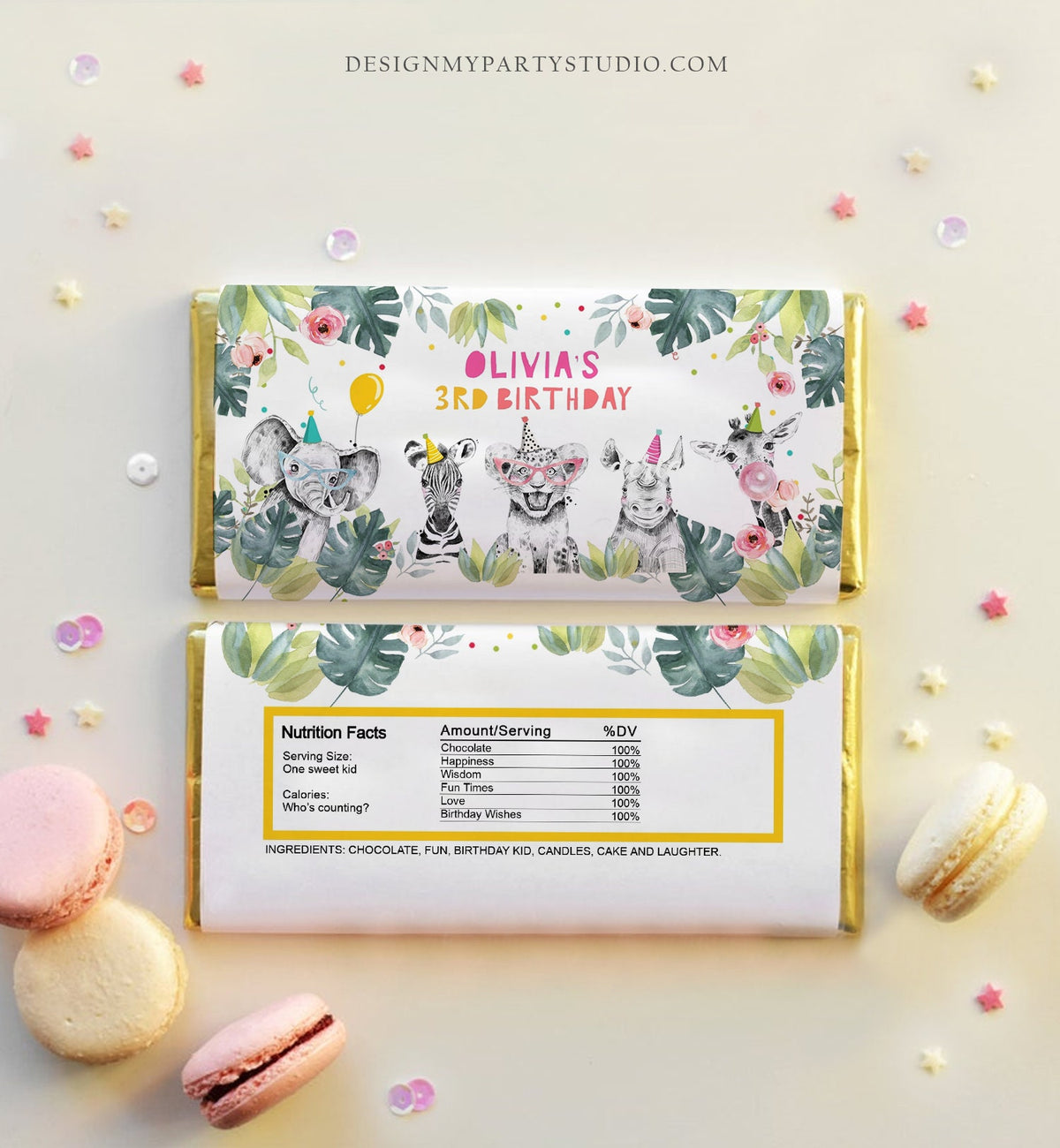 Editable Candy Bar Wrapper Party Animals Birthday Chocolate Bar Wrapper Safari Birthday Favors Jungle Girl Template PRINTABLE Corjl 0322