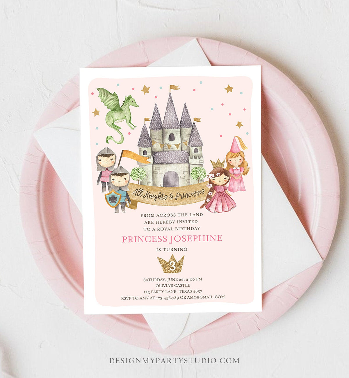 Editable Princess and Knight Birthday Invitation Once Upon a Time Princess Royal Birthday Girl Pink Castle Template Corjl Printable 0171