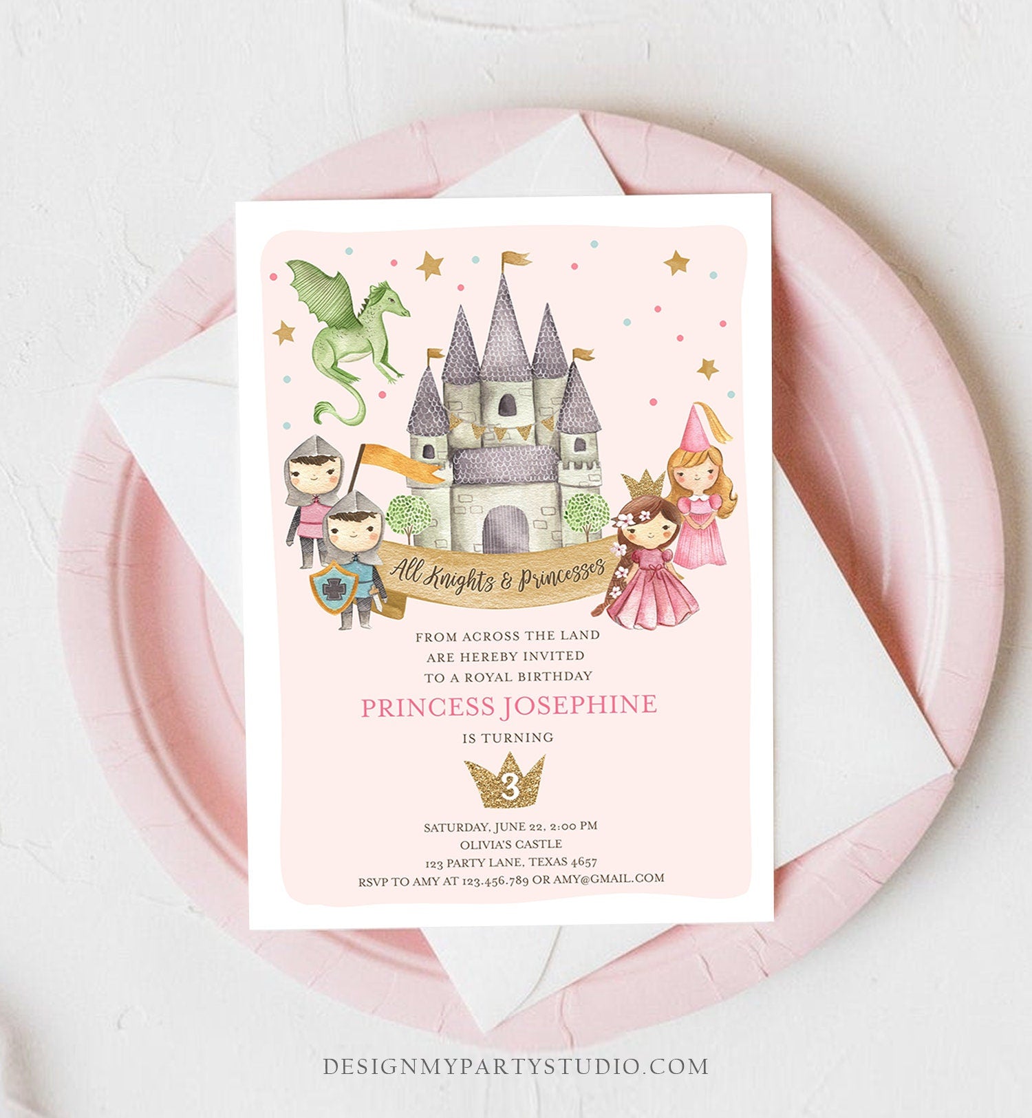 Editable Princess and Knight Birthday Invitation Once Upon a Time Princess Royal Birthday Girl Pink Castle Template Corjl Printable 0171