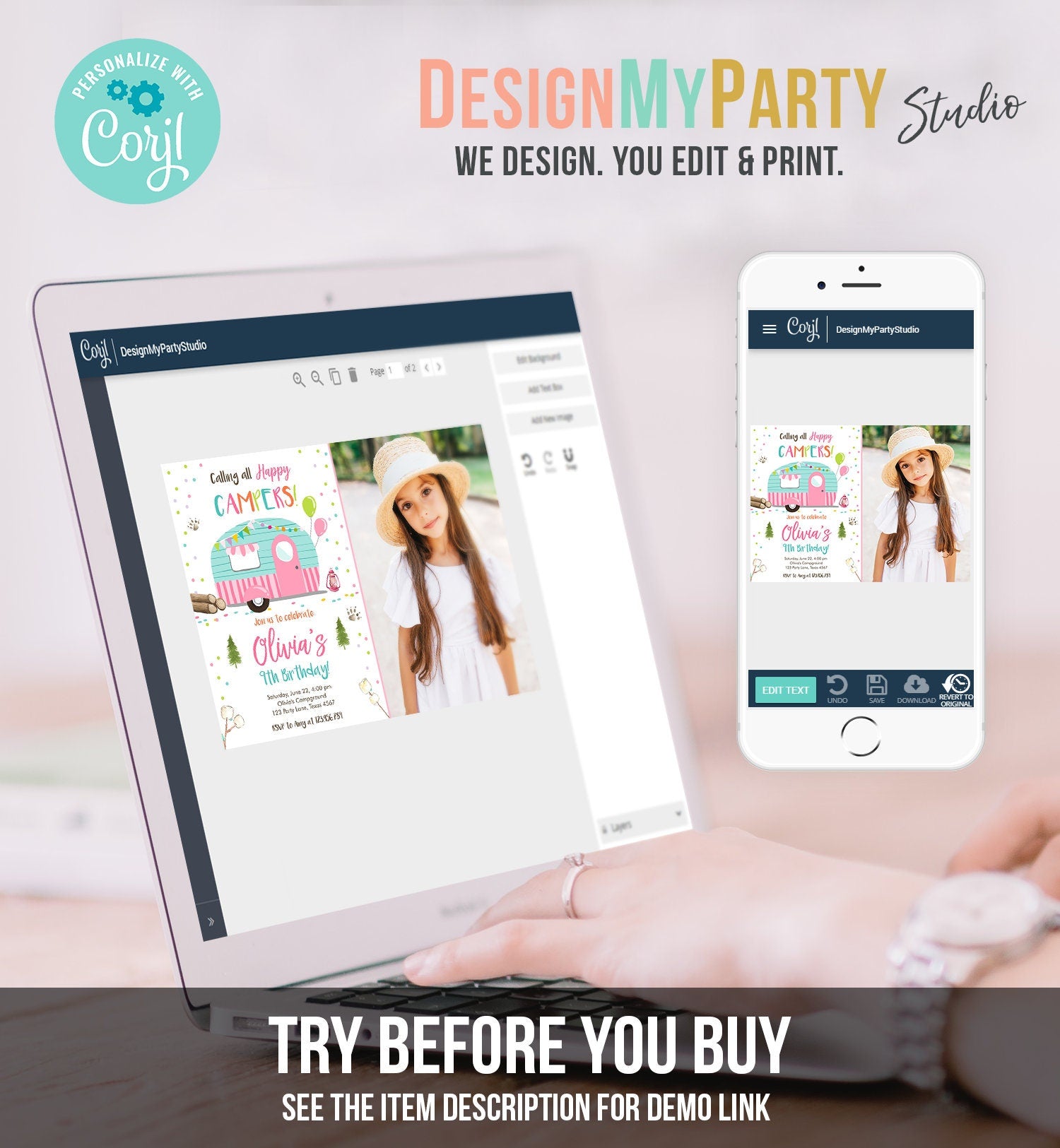 Editable Happy Camper Birthday Invitation Girl Pink Camping Party Pink Camper Glamping Download Printable Template Digital Corjl 0342