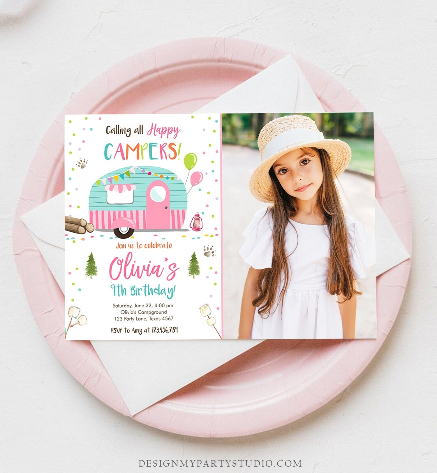 Editable Happy Camper Birthday Invitation Girl Pink Camping Party Pink Camper Glamping Download Printable Template Digital Corjl 0342