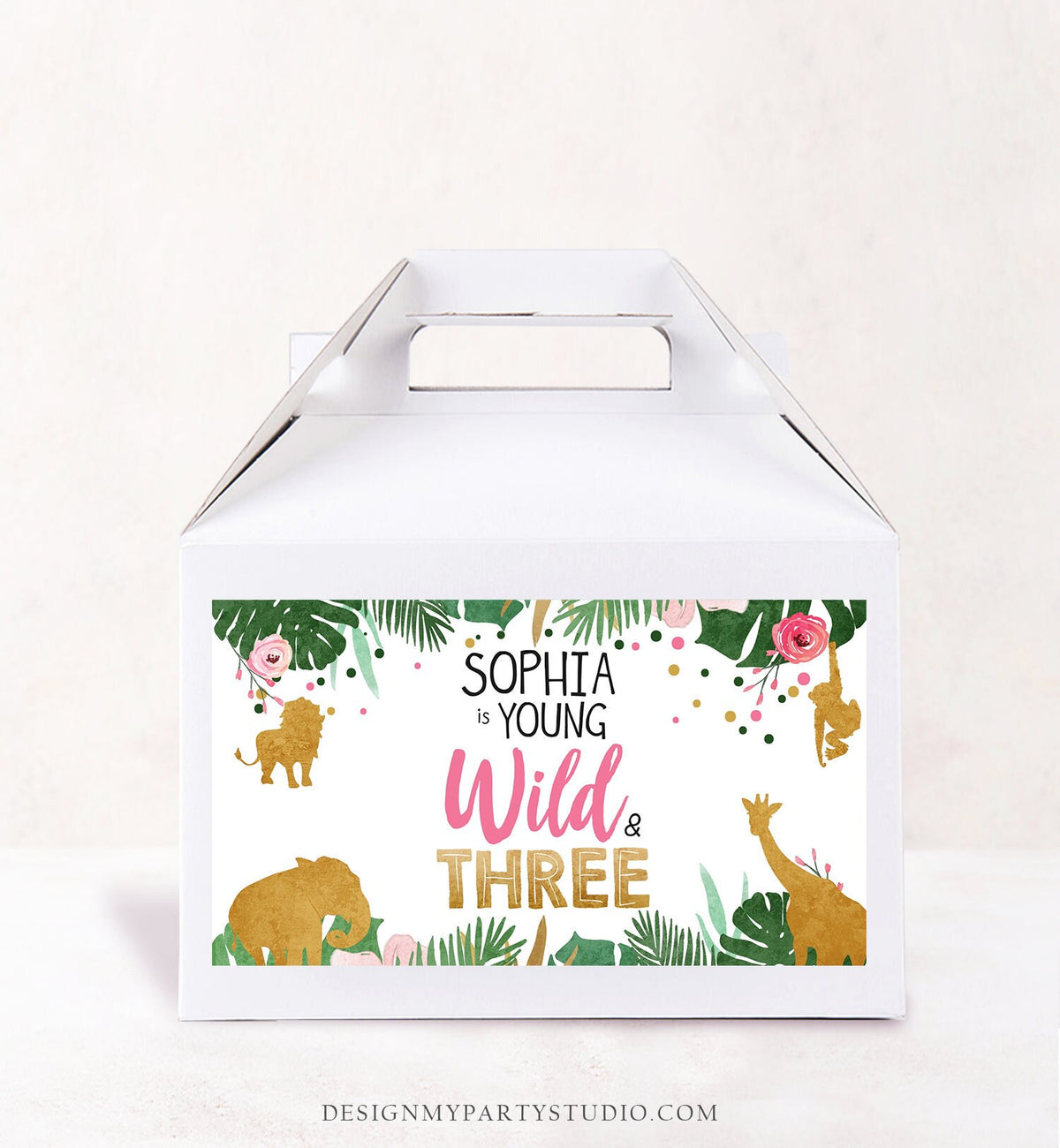 Editable Safari Animals Birthday Gable Gift Box Label Party Animals Gold Pink Young Wild Three Girl Digital Download Template Printable 0016