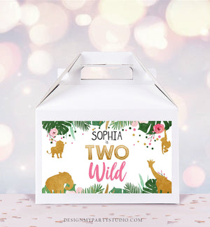 Editable Safari Animals Birthday Gable Gift Box Labels Party Animals Gold Pink Two Wild Birthday Jungle Girl Download Digital Corjl 0016