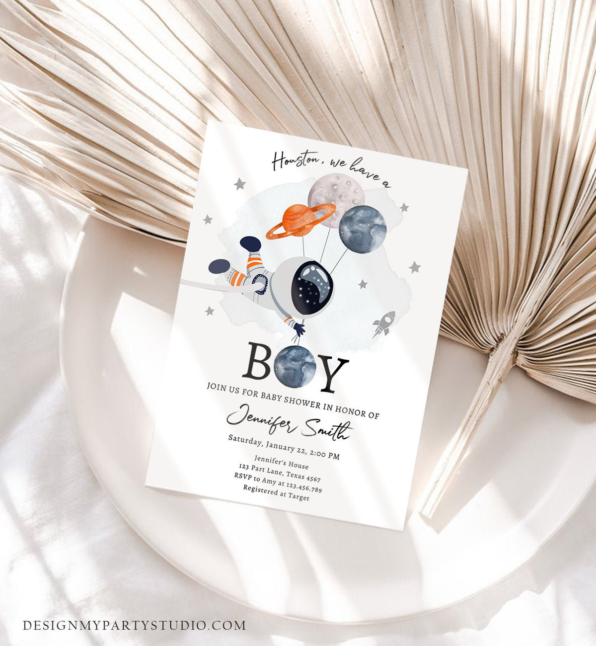 Editable Space Astronaut Baby Shower Invitation Galaxy Houston It&#39;s a Boy Orange Planets Moon Digital Download Evite Template Printable 0366