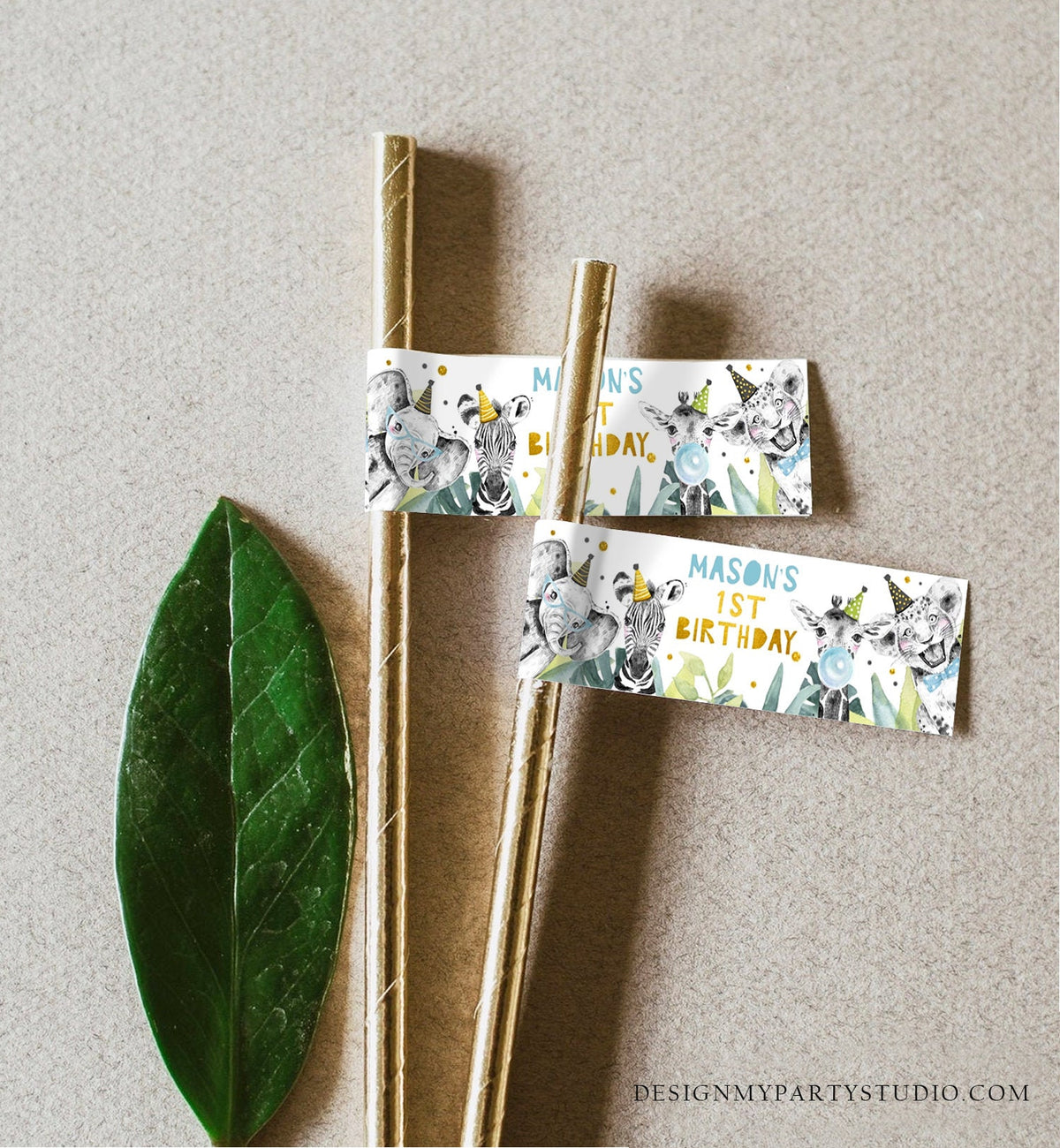 Editable Party Animals Straw Tags Safari Animals Birthday Straw Flag Straw Label Boy Birthday Wild One Gold Digital Template Printable 0322