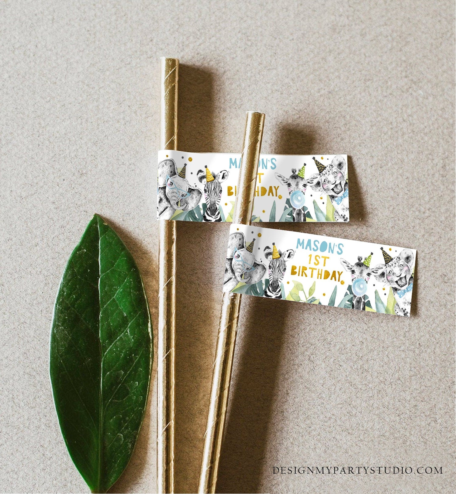 Editable Party Animals Straw Tags Safari Animals Birthday Straw Flag Straw Label Boy Birthday Wild One Gold Digital Template Printable 0322