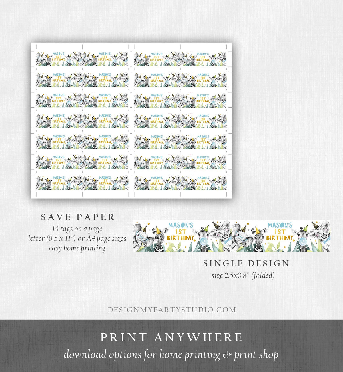 Editable Party Animals Straw Tags Safari Animals Birthday Straw Flag Straw Label Boy Birthday Wild One Gold Digital Template Printable 0322