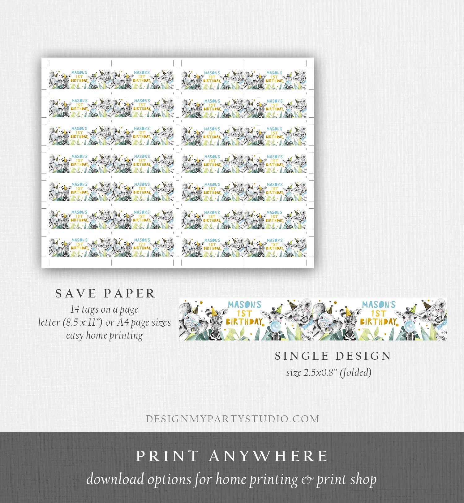 Editable Party Animals Straw Tags Safari Animals Birthday Straw Flag Straw Label Boy Birthday Wild One Gold Digital Template Printable 0322