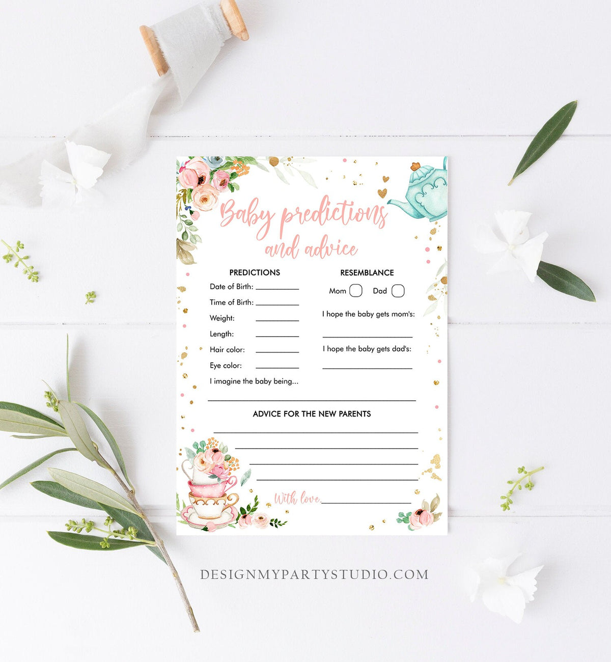Editable Baby Predictions Baby Shower Game Advice for Parents Tea Party Baby is Brewing Game Shower Activity Corjl Template Printable 0349