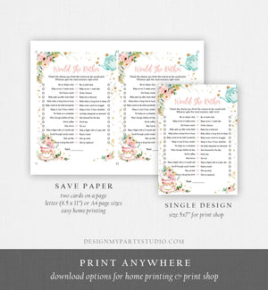 Editable Would She Rather Baby Shower Game Greenery Tea Party Baby is Brewing Pink Rustic Watercolor Guess Corjl Template Printable 0349