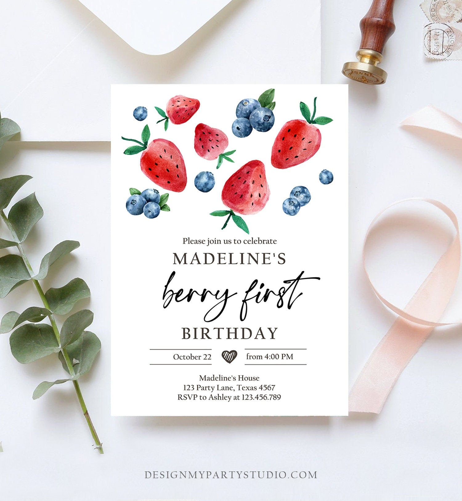 Editable Berry Sweet Birthday Invitation Blueberry Strawberry Picking Party Farmers Market Twin Digital Download Template Printable 0399
