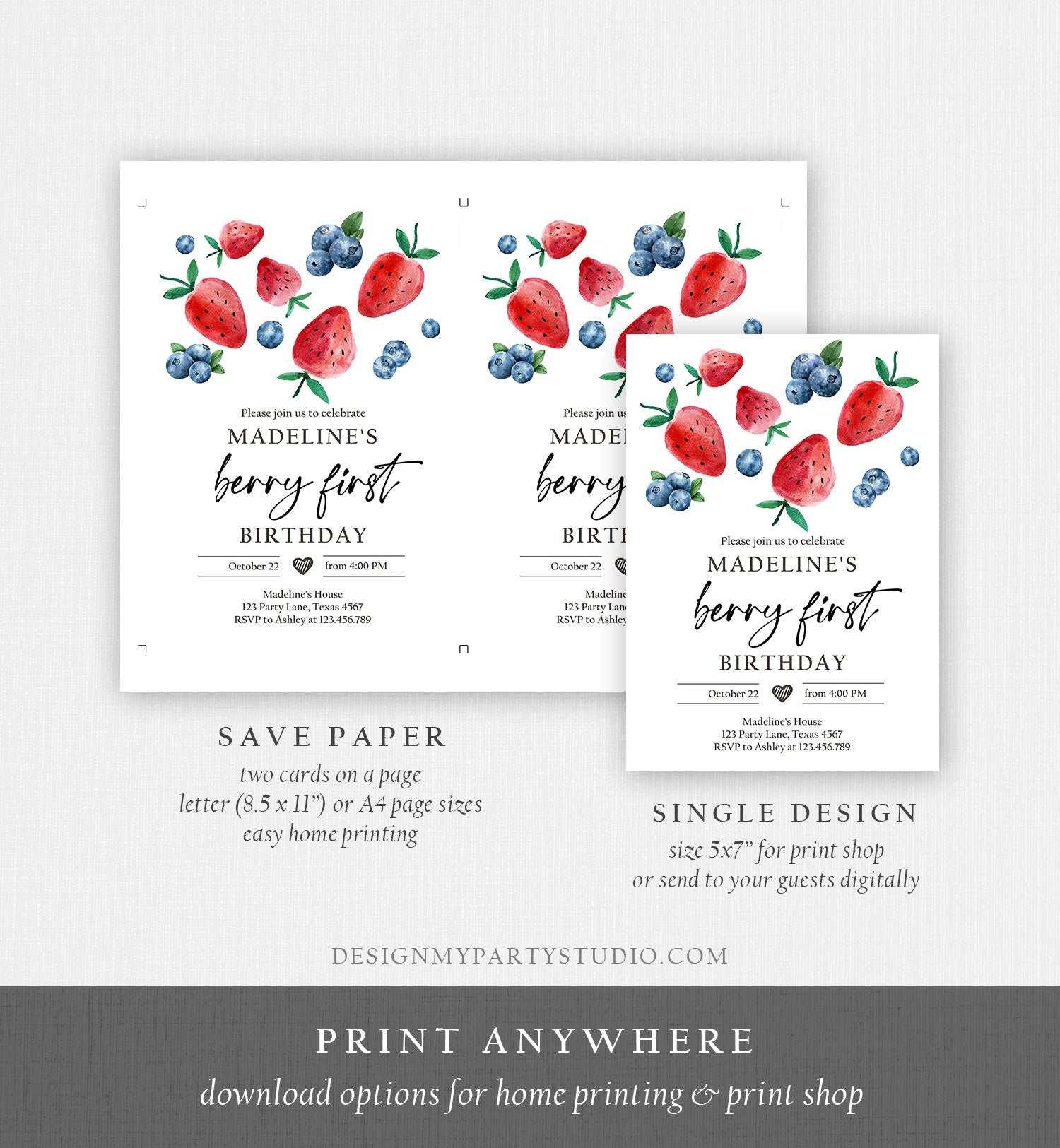 Editable Berry Sweet Birthday Invitation Blueberry Strawberry Picking Party Farmers Market Twin Digital Download Template Printable 0399