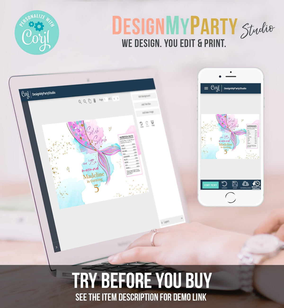 Editable Mermaid Chip Bag Mermaid Birthday Party Decor Girl Pink Purple Gold Under The Sea Snack Favors Download Digital Corjl Template 0403