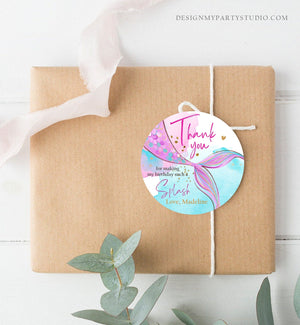 Editable Mermaid Birthday Favor Tags Under The Sea Thank you Stickers Mermaid Party Girl Pink Gold Download Template Corjl PRINTABLE 0403
