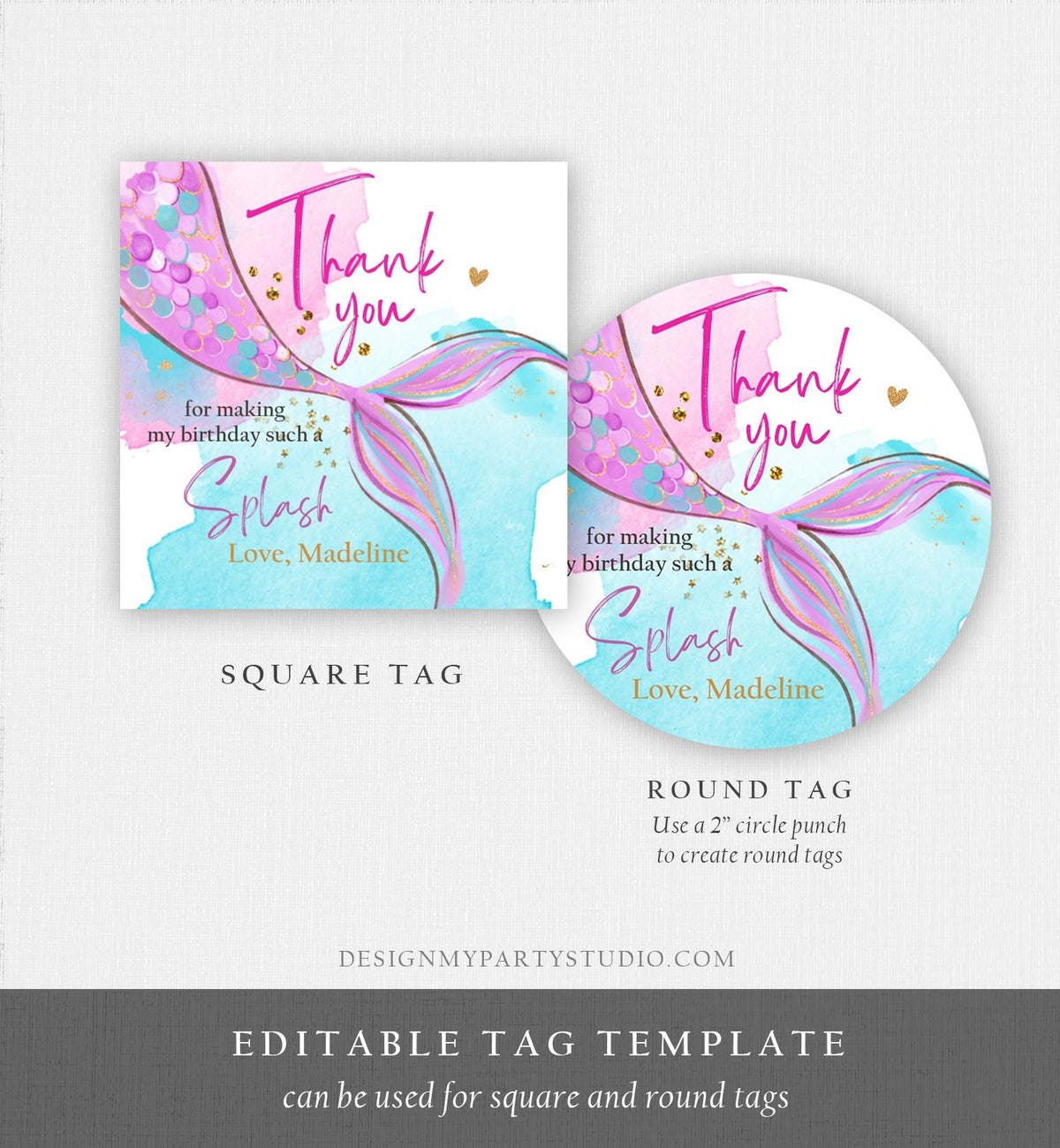 Editable Mermaid Birthday Favor Tags Under The Sea Thank you Stickers Mermaid Party Girl Pink Gold Digital Download Template Printable 0403