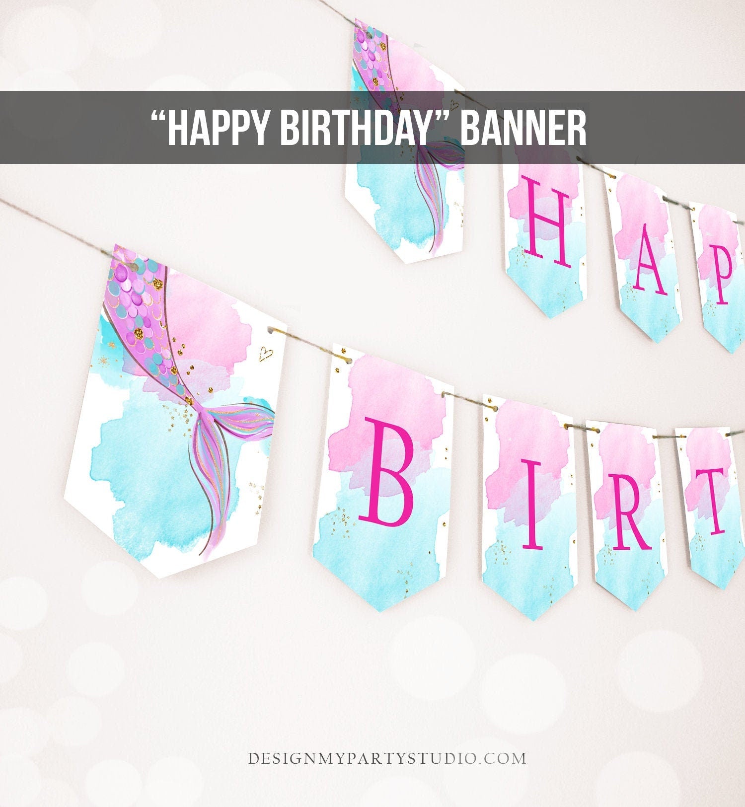 Mermaid Happy Birthday Banner Mermaid Birthday Decor Gold Pink Purple Under The Sea Party Mermaid Tail Decor Instant Download Printable 0403