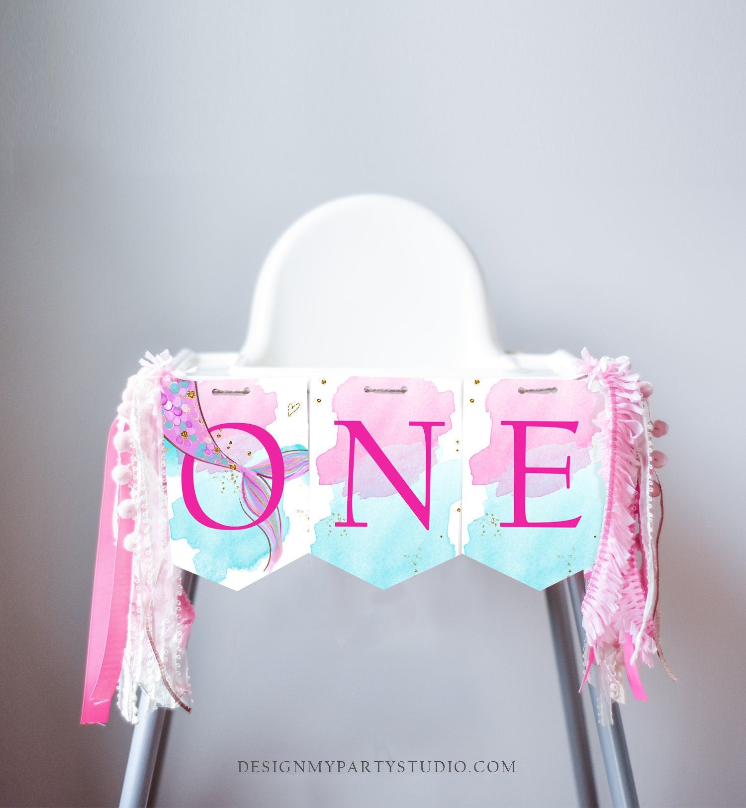 Mermaid High Chair Banner Mermaid 1st First Birthday Girl Under The Sea Pink Gold High Chair Banner ONE Party Decor Digital Printable 0403