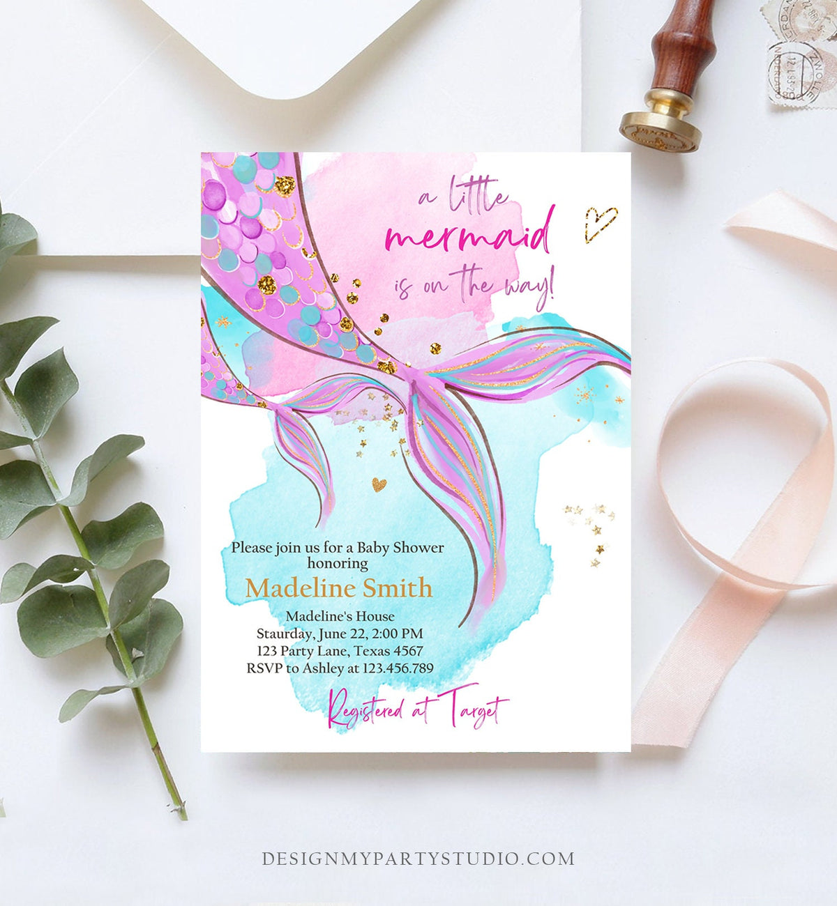 Editable Mermaid Baby Shower Invitation Little Mermaid Girl Under The Sea Baby Shower Pink Purple Digital Download Template Printable 0403