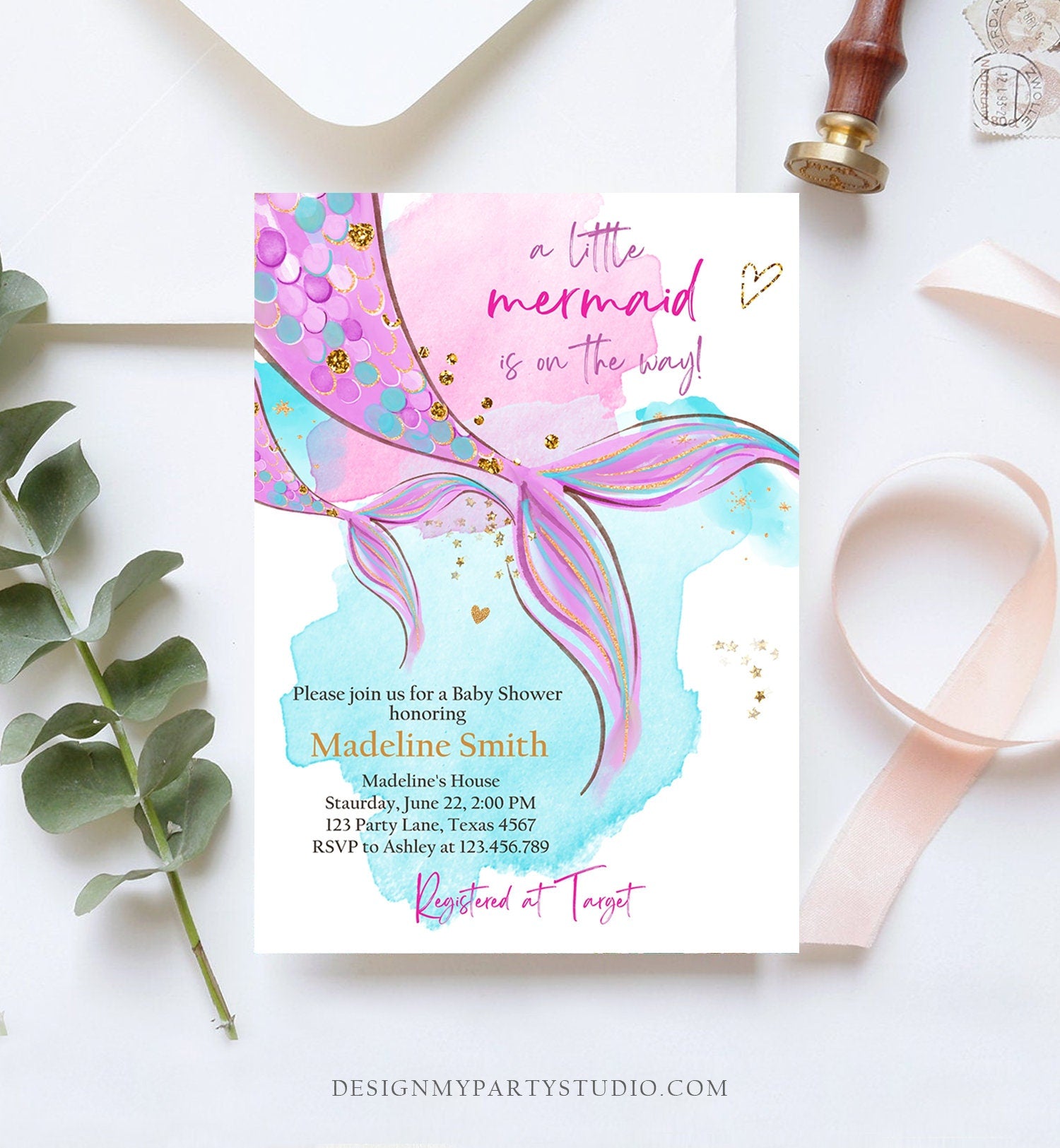 Editable Mermaid Baby Shower Invitation Little Mermaid Girl Under The Sea Baby Shower Pink Purple Digital Download Template Printable 0403
