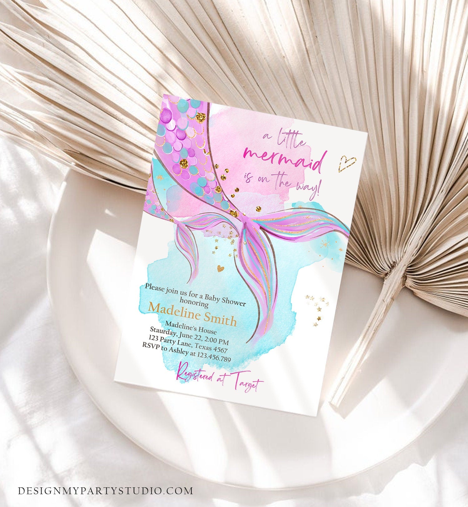 Editable Mermaid Baby Shower Invitation Little Mermaid Girl Under The Sea Baby Shower Pink Purple Digital Download Template Printable 0403