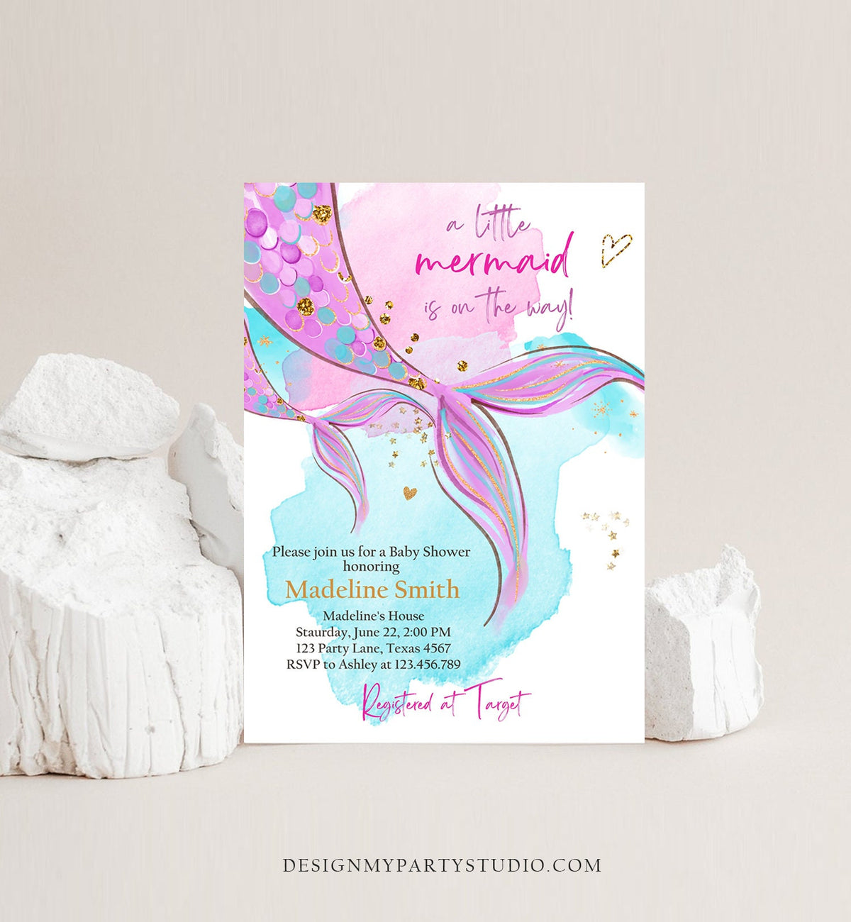Editable Mermaid Baby Shower Invitation Little Mermaid Girl Under The Sea Baby Shower Pink Purple Digital Download Template Printable 0403