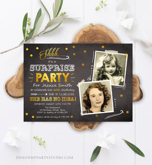 Editable 60th Surprise Birthday Party Invitation ANY AGE Gold Chalk Rustic Adult Photos Vintage Platinum Jubilee Anniversary Corjl Template