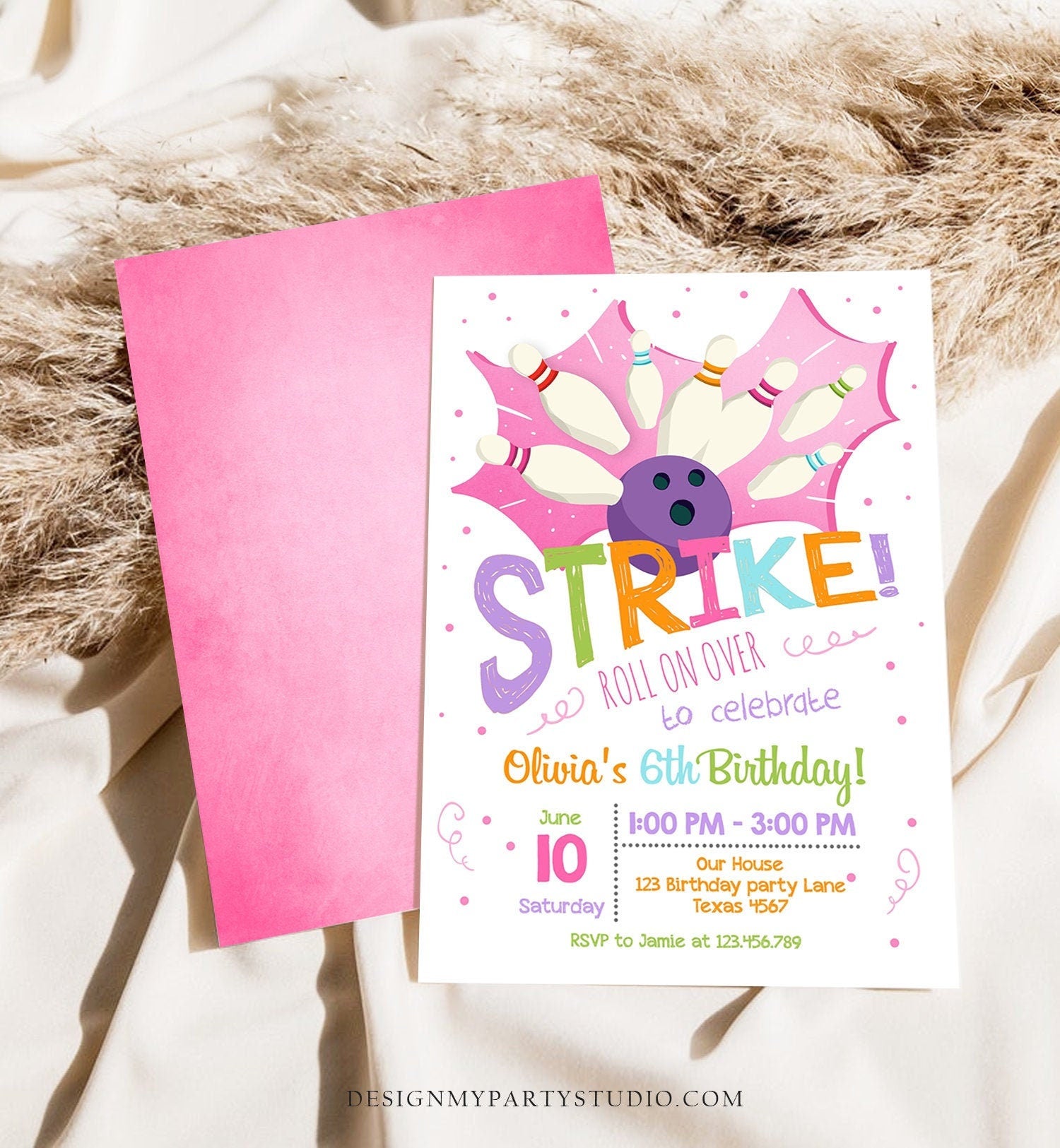 Editable Bowling Birthday Invitation Girl Pink Purple Bowling Party Strike Kids Instant Download Printable Invitation Template Corjl 0081