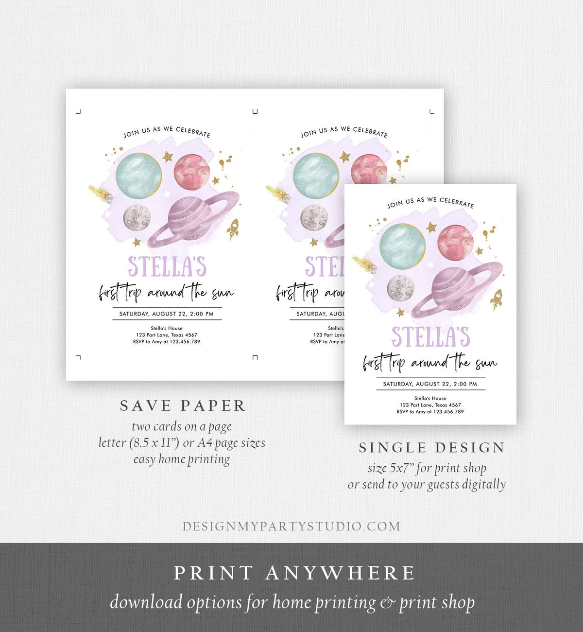 Editable Outer Space Girl First Birthday Invitation Galaxy Blast Off First Trip Around the Sun Purple Pink Printable Template Corjl 0357