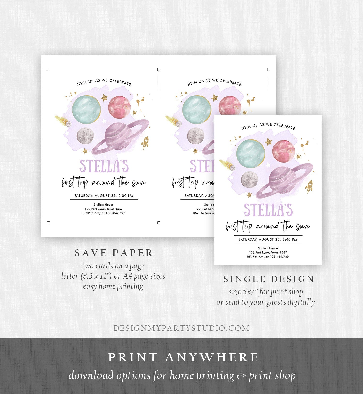 Editable Outer Space Girl First Birthday Invitation Galaxy Blast Off First Trip Around the Sun Purple Pink Printable Template Corjl 0357