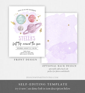 Editable Outer Space Girl First Birthday Invitation Galaxy Blast Off First Trip Around the Sun Purple Pink Printable Template Corjl 0357