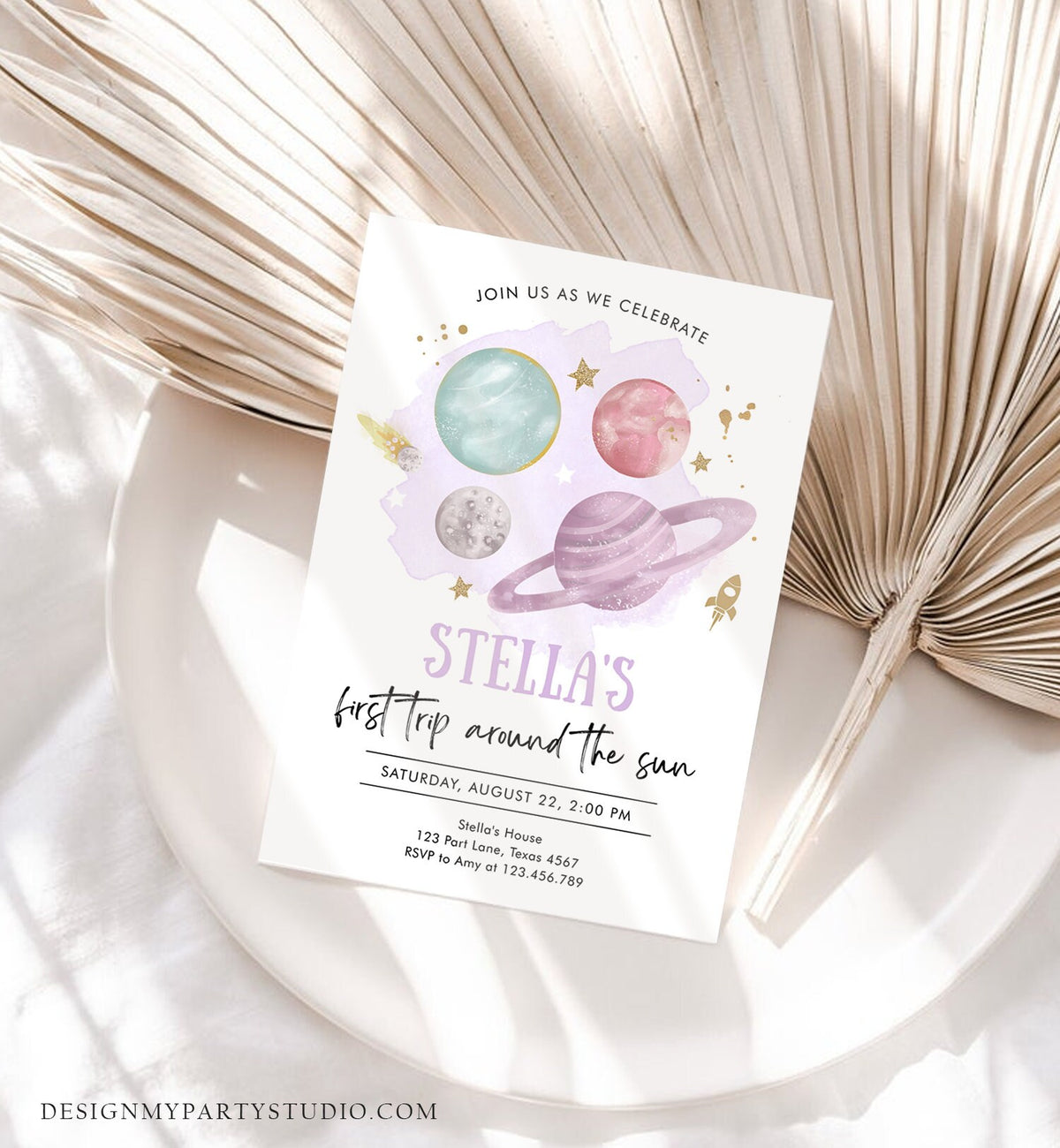 Editable Outer Space Girl First Birthday Invitation Galaxy Blast Off First Trip Around the Sun Purple Pink Printable Template Corjl 0357