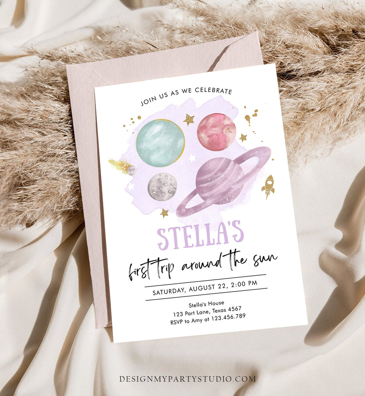 Editable Outer Space Girl First Birthday Invitation Galaxy Blast Off First Trip Around the Sun Purple Pink Printable Template Corjl 0357