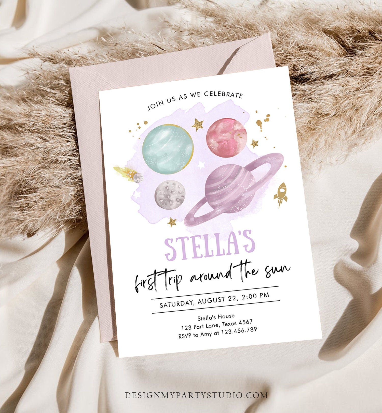 Editable Outer Space Girl First Birthday Invitation Galaxy Blast Off First Trip Around the Sun Purple Pink Printable Template Corjl 0357