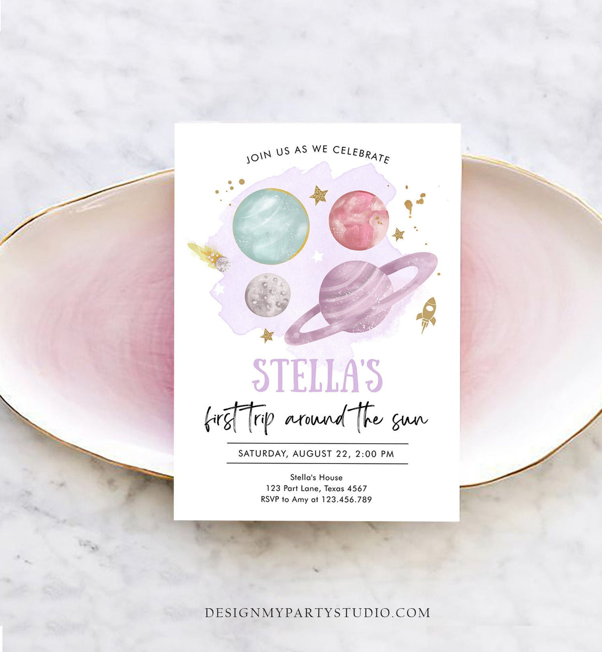 Editable Outer Space Girl First Birthday Invitation Galaxy Blast Off First Trip Around the Sun Purple Pink Printable Template Corjl 0357