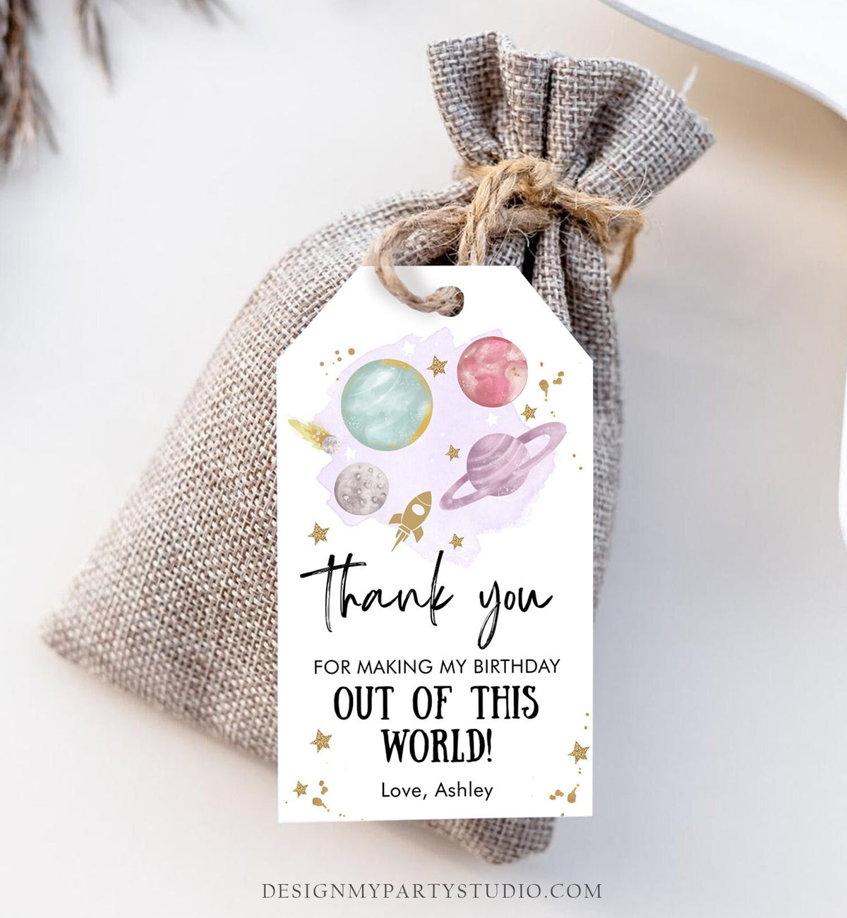 Editable Outer Space Favor Tags Space Birthday Thank you Label Galaxy Gift Purple Out Of This World Planets Digital Template Printable 0357