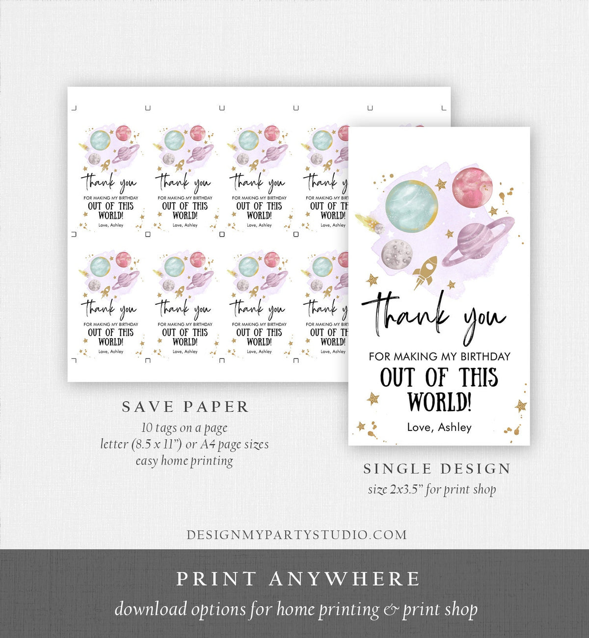 Editable Outer Space Favor Tags Space Birthday Thank you Label Galaxy Gift Purple Out Of This World Planets Digital Template Printable 0357