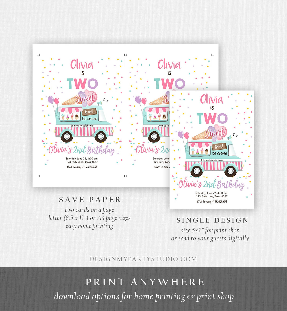Editable Ice Cream Truck Birthday Invitation Two Sweet Birthday 2nd Birthday Ice Cream Party Scoop Pink Girl Digital Template Printable 0243