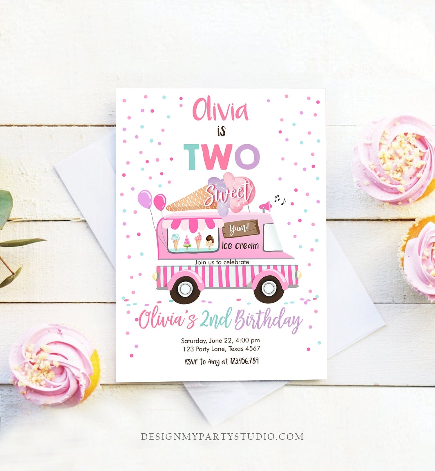 Editable Ice Cream Truck Birthday Invitation Two Sweet Birthday 2nd Second Birthday Party Scoop Pink Girl Digital Template Printable 0243