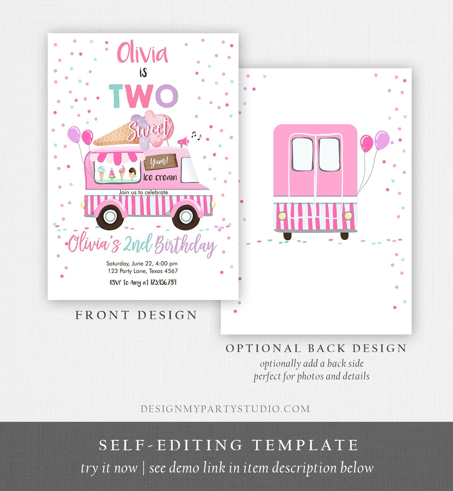 Editable Ice Cream Truck Birthday Invitation Two Sweet Birthday 2nd Second Birthday Party Scoop Pink Girl Digital Template Printable 0243