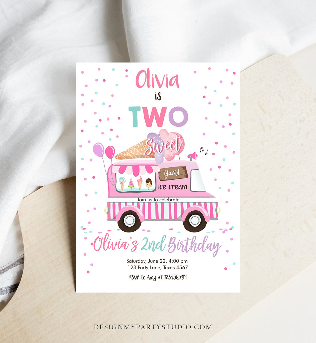 Editable Ice Cream Truck Birthday Invitation Two Sweet Birthday 2nd Second Birthday Party Scoop Pink Girl Digital Template Printable 0243