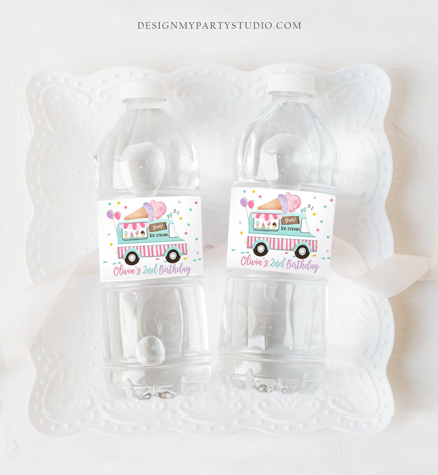 Editable Ice Cream Truck Water Bottle Labels Ice Cream Birthday Decor Sweet One Two Sweet Scoop Printable Bottle Label Template Corjl 0243