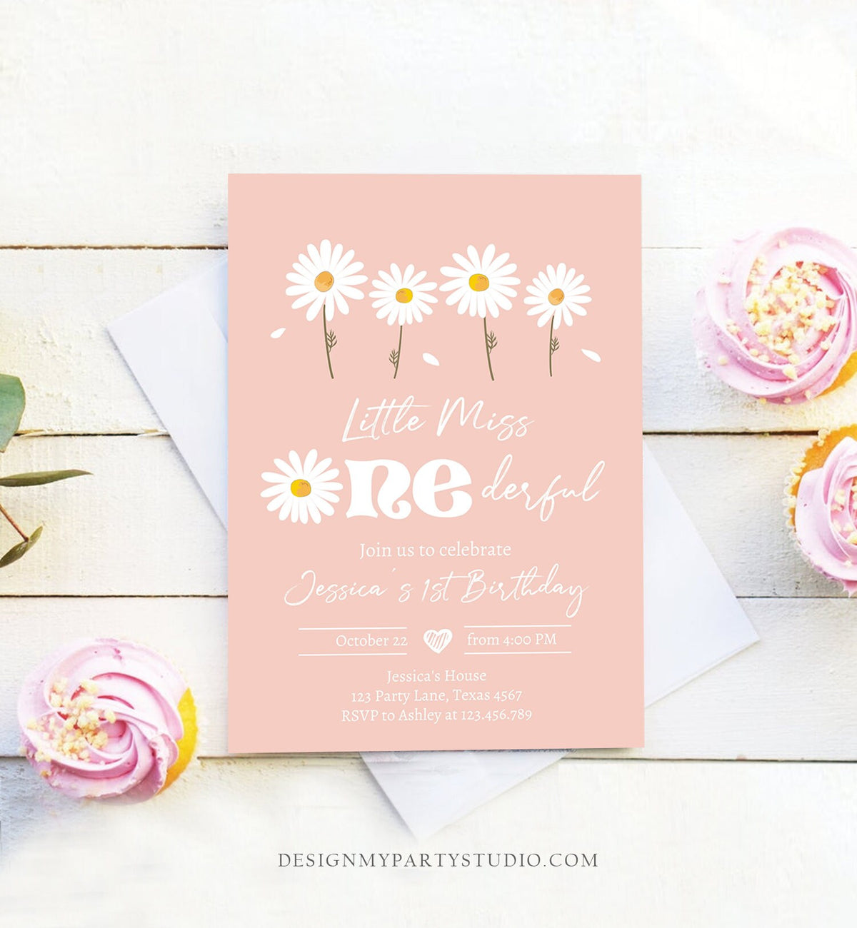 Editable Daisy Birthday Invitation Little Miss Onederful Birthday 1st Girl Floral Boho Pink Download Printable Template Corjl Digital 0410