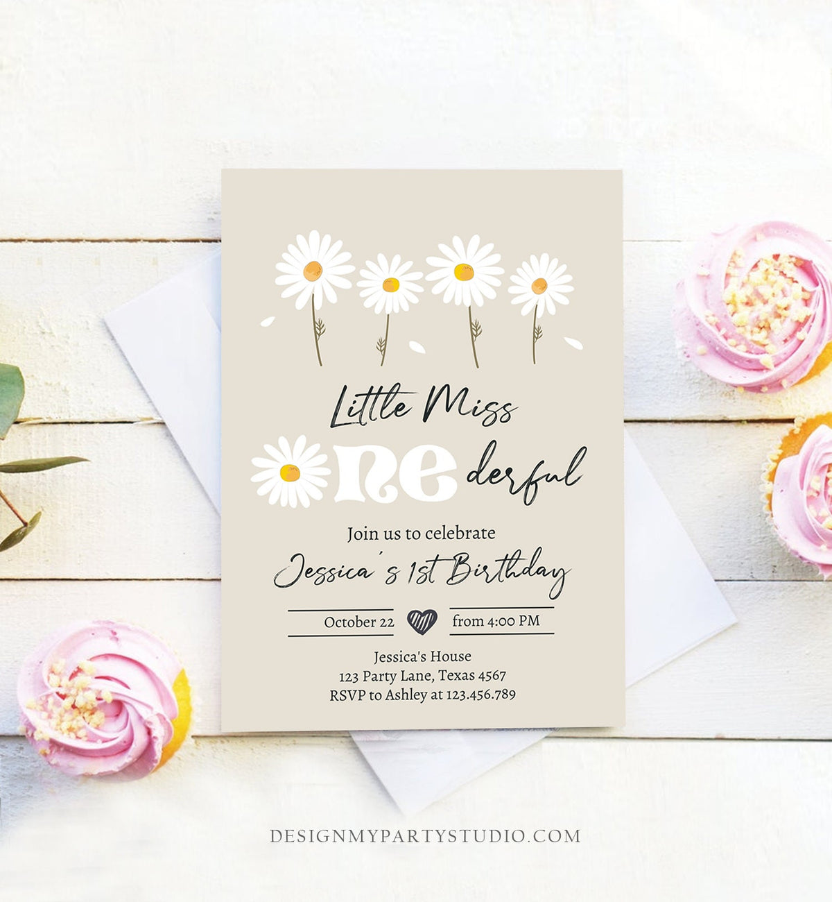 Editable Daisy Birthday Invitation Little Miss Onederful Birthday 1st Girl Floral Bohemian Download Printable Template Corjl Digital 0410