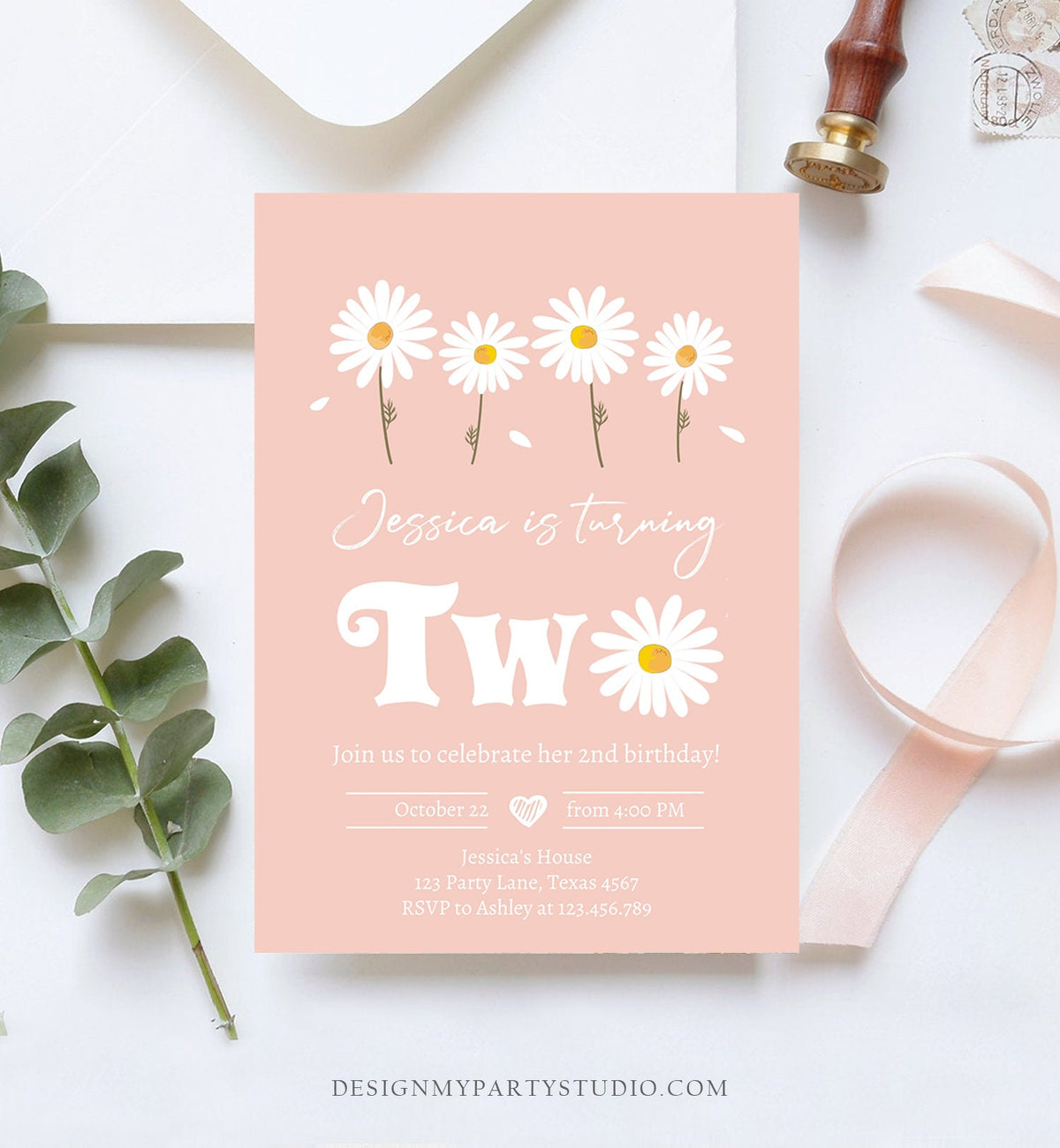 Editable Daisy Birthday Party Invitation 2nd Birthday Two Floral Bohemian Girl Boho Pink 1st Digital Download Evite Template Printable 0410