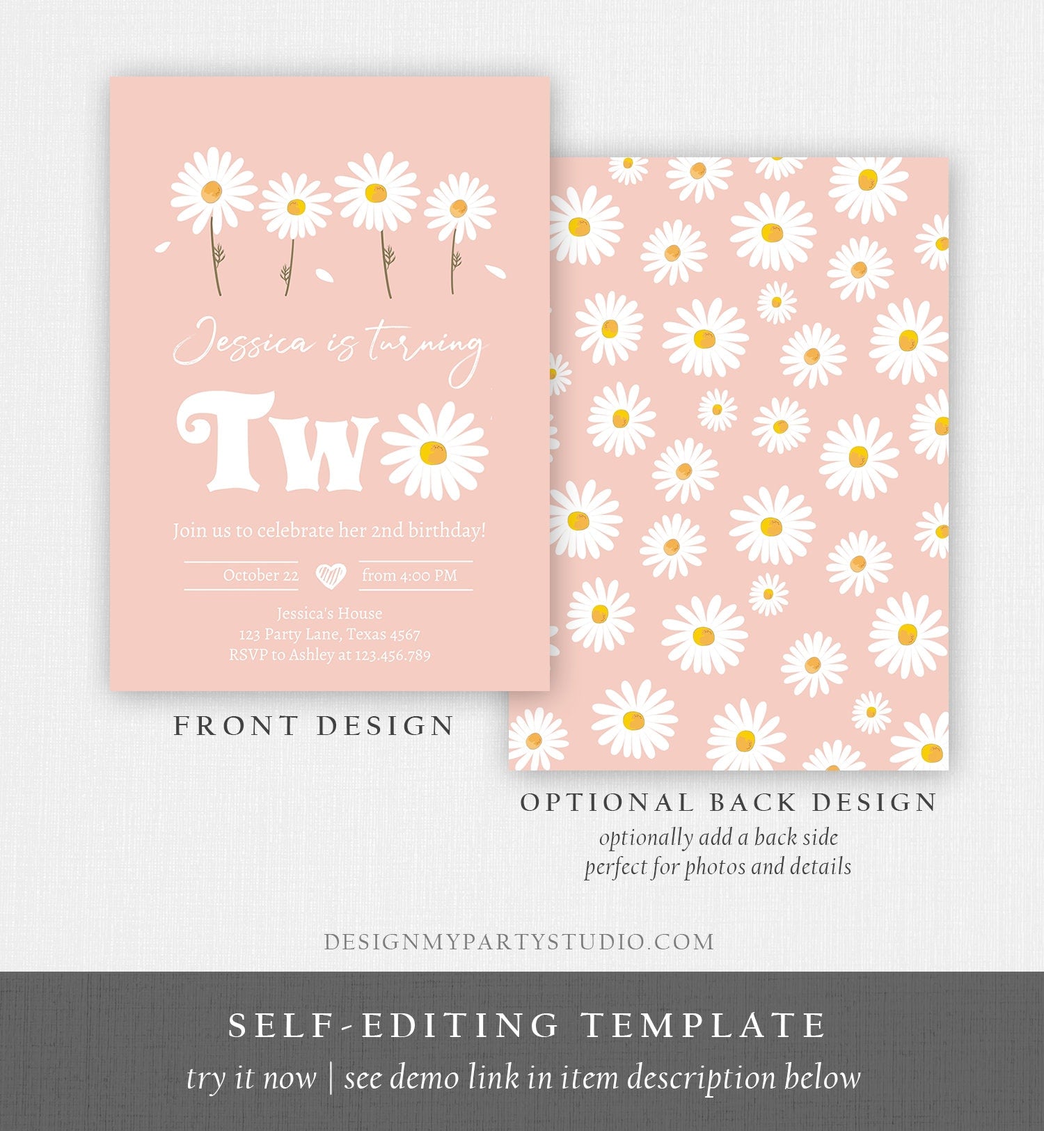 Editable Daisy Birthday Party Invitation 2nd Birthday Two Floral Bohemian Girl Boho Pink 1st Digital Download Evite Template Printable 0410
