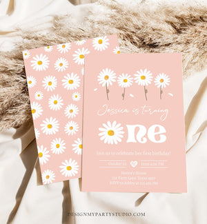 Editable Daisy Birthday Party Invitation 1st Birthday One Party Bohemian Girl Boho Pink First Download Printable Template Corjl Digital 0410